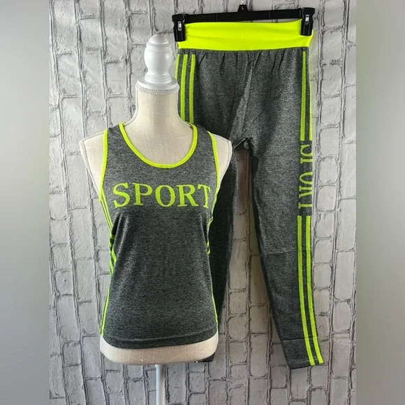 F&F Size: One Size Sport Workout Set Sleeveless Top/Leggings Gray/Neon - Picture 10 of 11